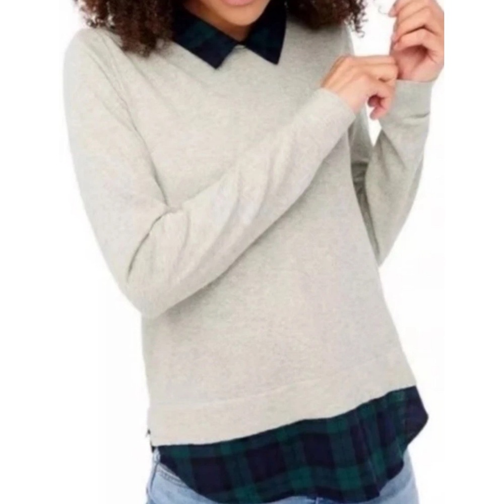 J Crew Womens Woven Collar Sweater M Grey Blackwatch‎ Plaid Academia Preppy